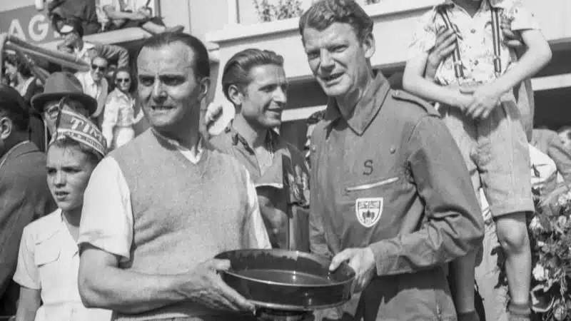 Luigi Chinetti and Peter Mitchell-Thompson receiving winning trophy for 1949 Le Mans 24 Hours