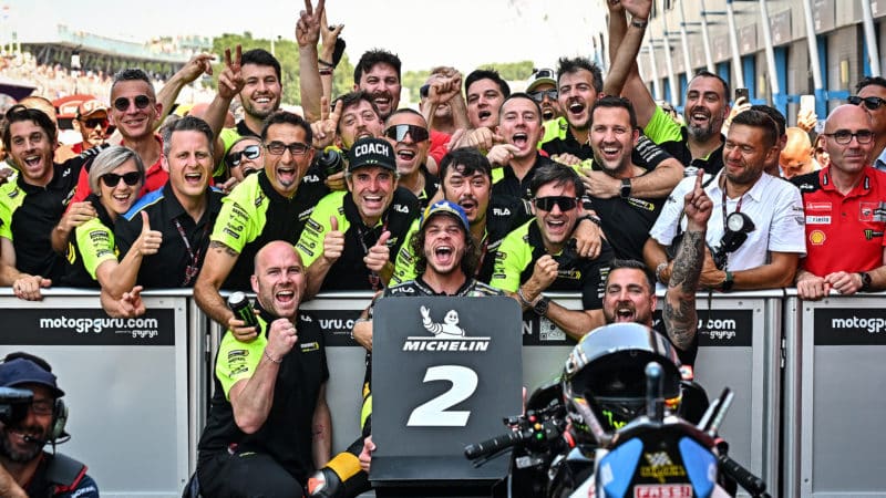 Marco Bezzecchi celebrates finishing secoind in MotoGP 2023 Assen TT