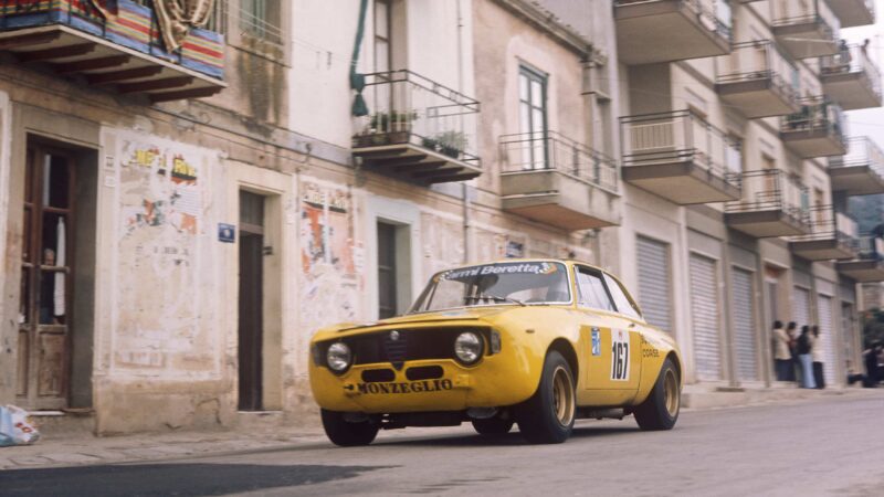 Mario Litrico and Ferragine dirve down road in Alfa Giulia GTA 1973
