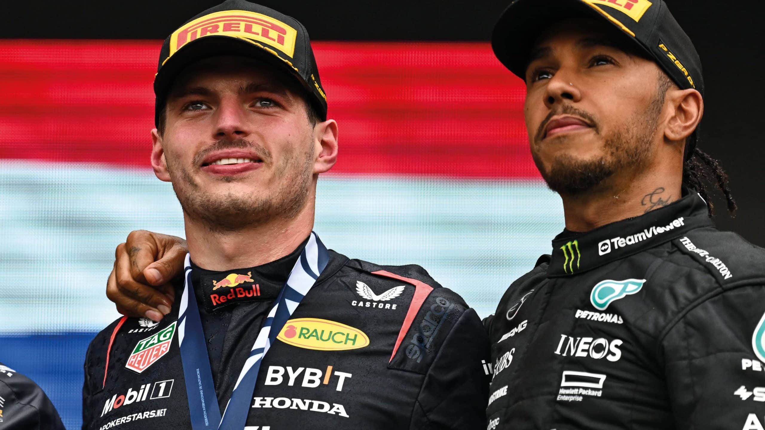 Max Verstappen and Lewis Hamilton share podium