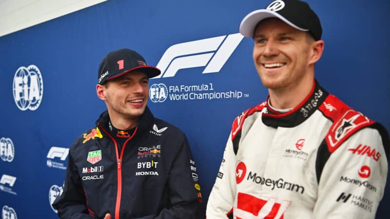 Max Verstappen and Nico Hulkenberg after qualifying for 2023 Canadian GP on front row