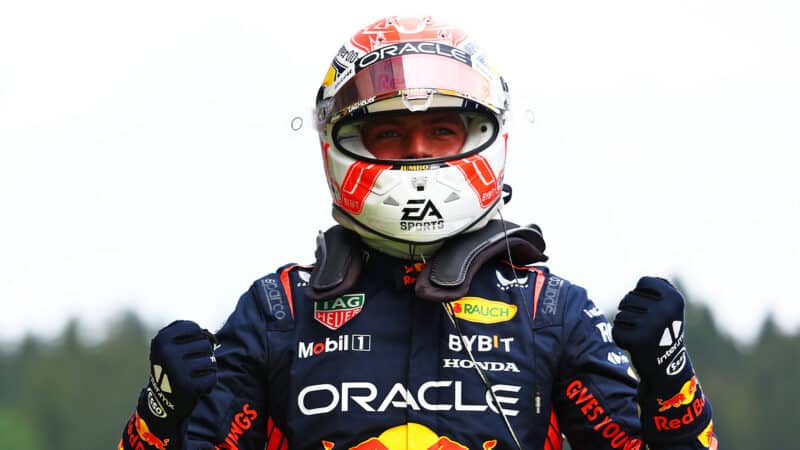 Max Verstappen celebrates clinching pole in 2023 Austrian GP