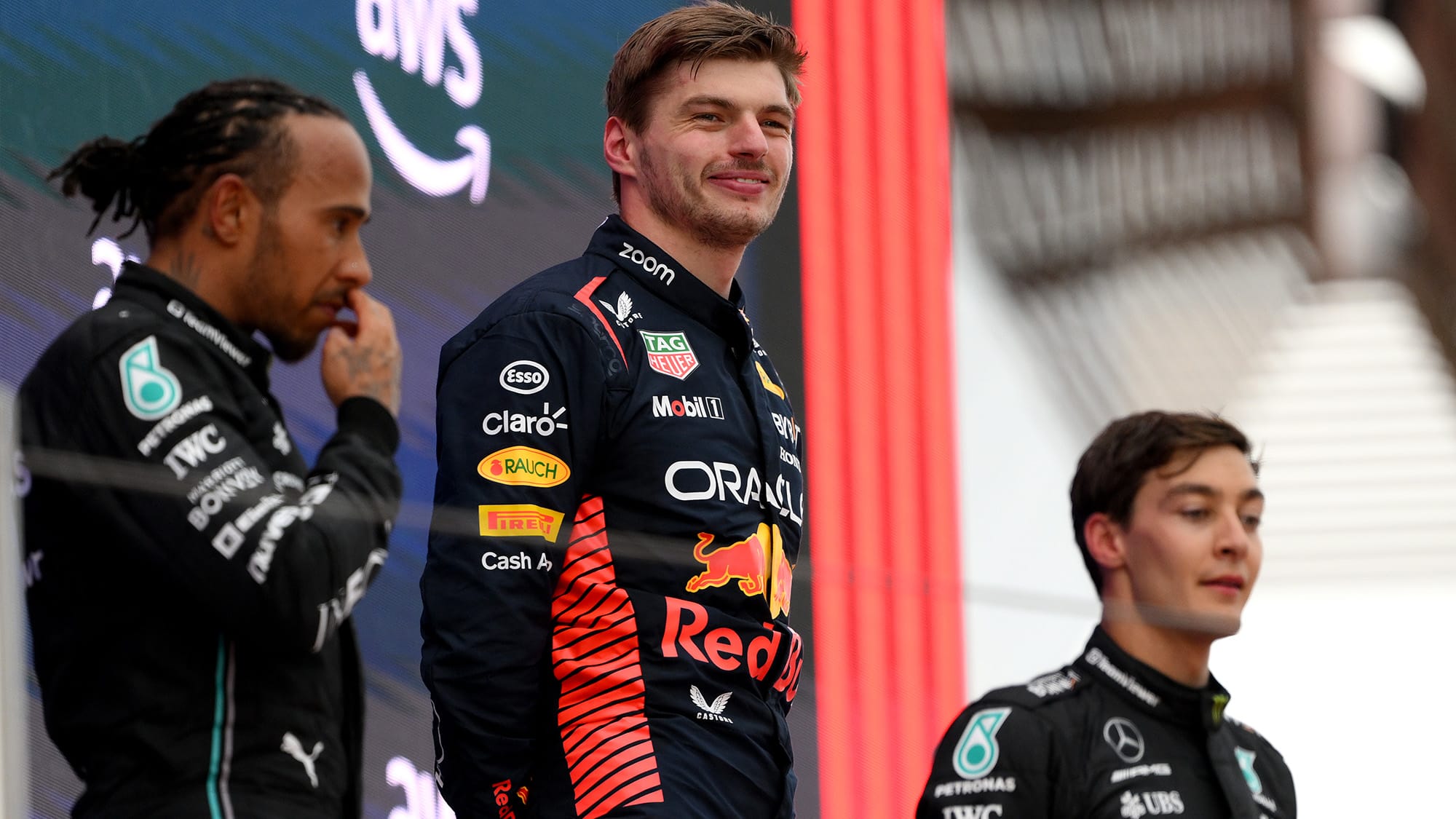 Max Verstappen with Lewis Hamilton and George Russell on 2023 F1 Spanish GP podium