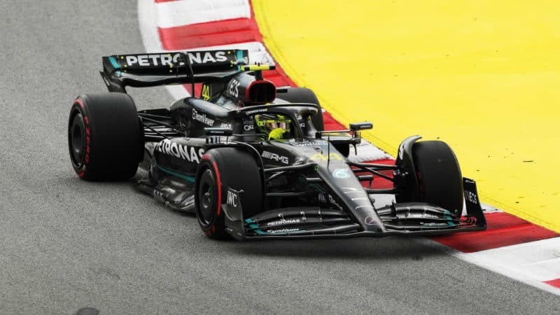 Mercedes Leiws Hamilton on track at Barcelona 2023