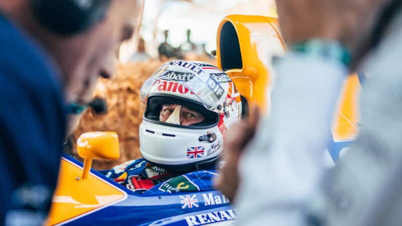 Nigel Mansell in cockpit of Williams FW14B at 2022 Goodwood Festival of Speed