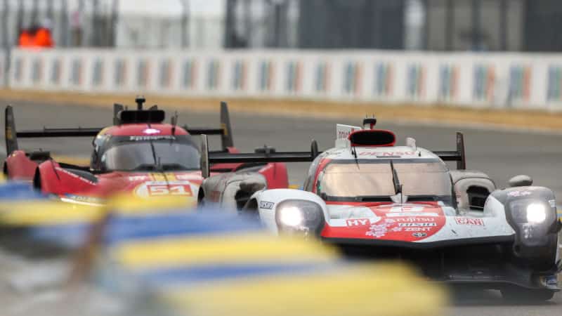 No8 and No51 Toyota and Ferrari Hypercars in 2023 Le Mans 24 Hours race