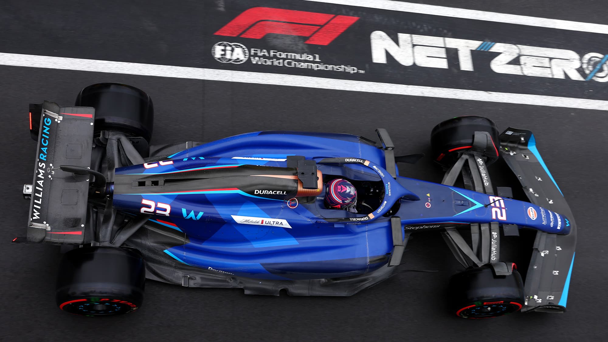 Overhead view of Alex Albon leaving pitlane on slick tyres at 2023 Canadian GP qualifying