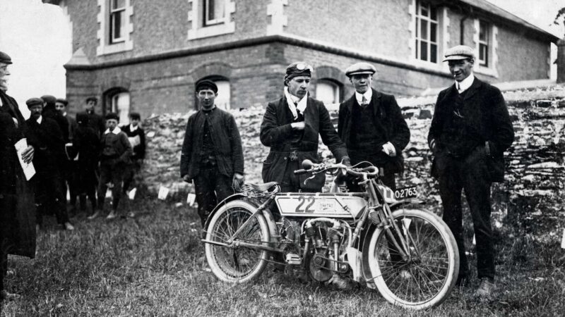 Rem Fowler with his 5bhp Peugeot-powered Norton after the first TT win in 1907. Here