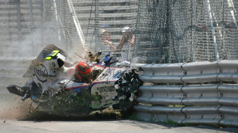 Robert Kubica BMW Sauber F1 car against the barriers after crashing in the 2008 Canadian Grand Prix
