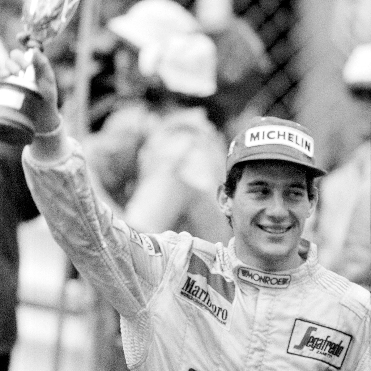 Senna celebrates his first gp podium in Monaco, 1984