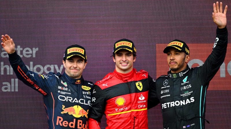 Sergio Perez Carlos Sainz and Lewis Hamilton on 2022 British GP podium