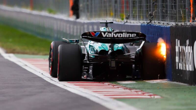 Sparks as the Aston Martin of Lance Stroll hits the Wall of Champions in qualifying for the 2024 Canadian GP