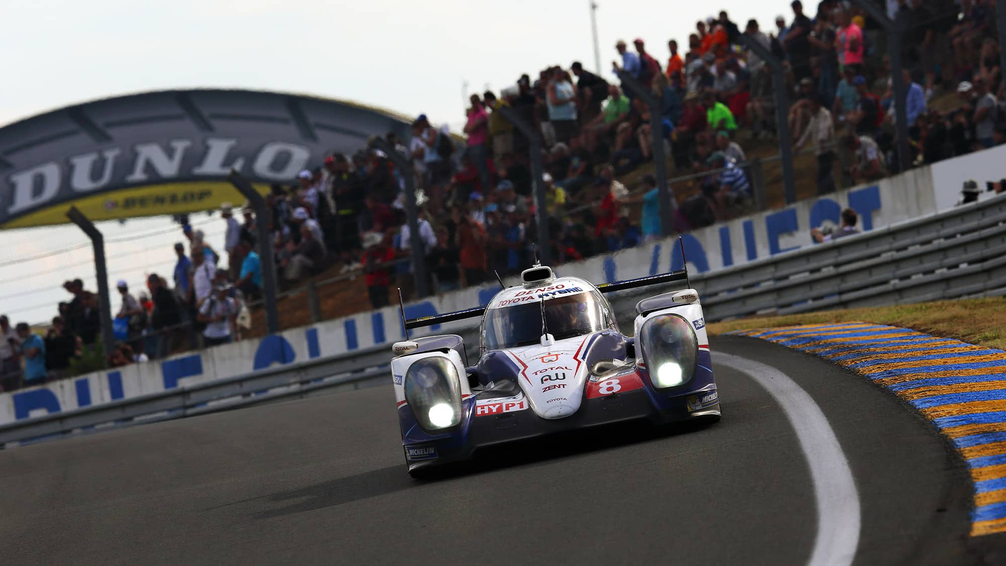 Toyota LMP1 car at Dunlop Bridge in 2014 Le Mans 24 Hours