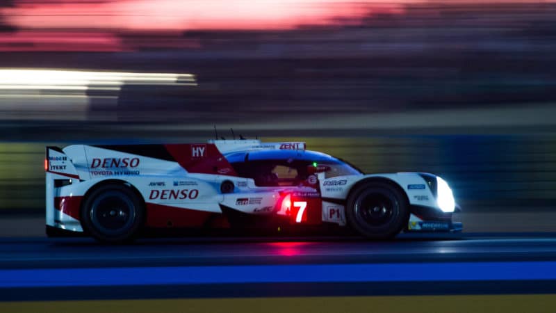 Toyota LMP1 car at night in 2017 Le Mans 24 Hours