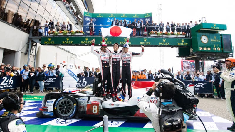 Toyota team celebrates victory in 2018 Le Mans 24 Hours