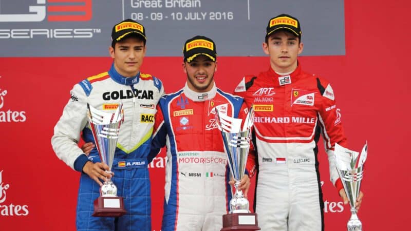 Alex Palou on the 2016 GP3 podium with Antonio Fuoco and Charles Leclerc