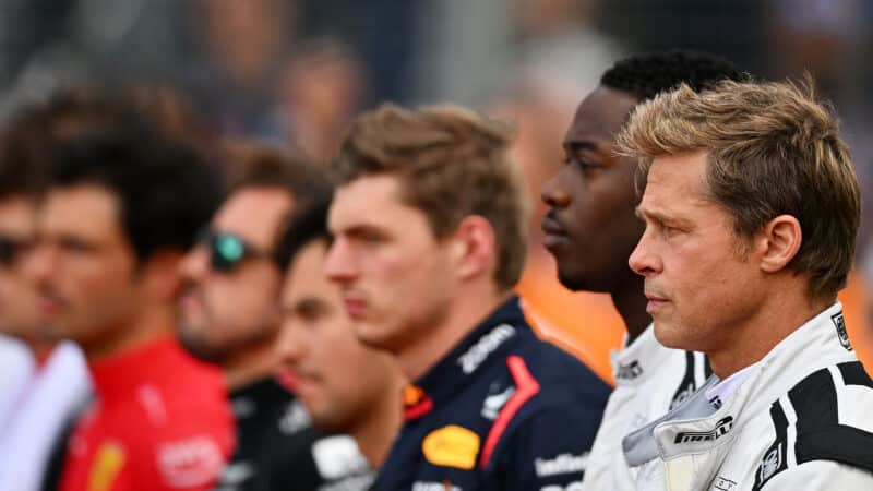 Brad Pitt in F1 drive rline up at national anthem ahead of 2023 British Grand Prix