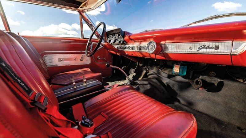 Bright red interior in Ford Galaxie