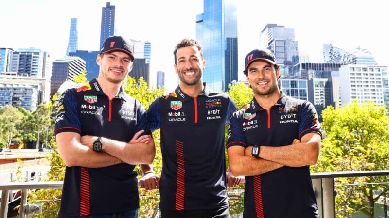 Daniel-ricciardo-with-Max-Verstappen-and-Sergio-Perez-at-2023-Australian-Grand-Prix