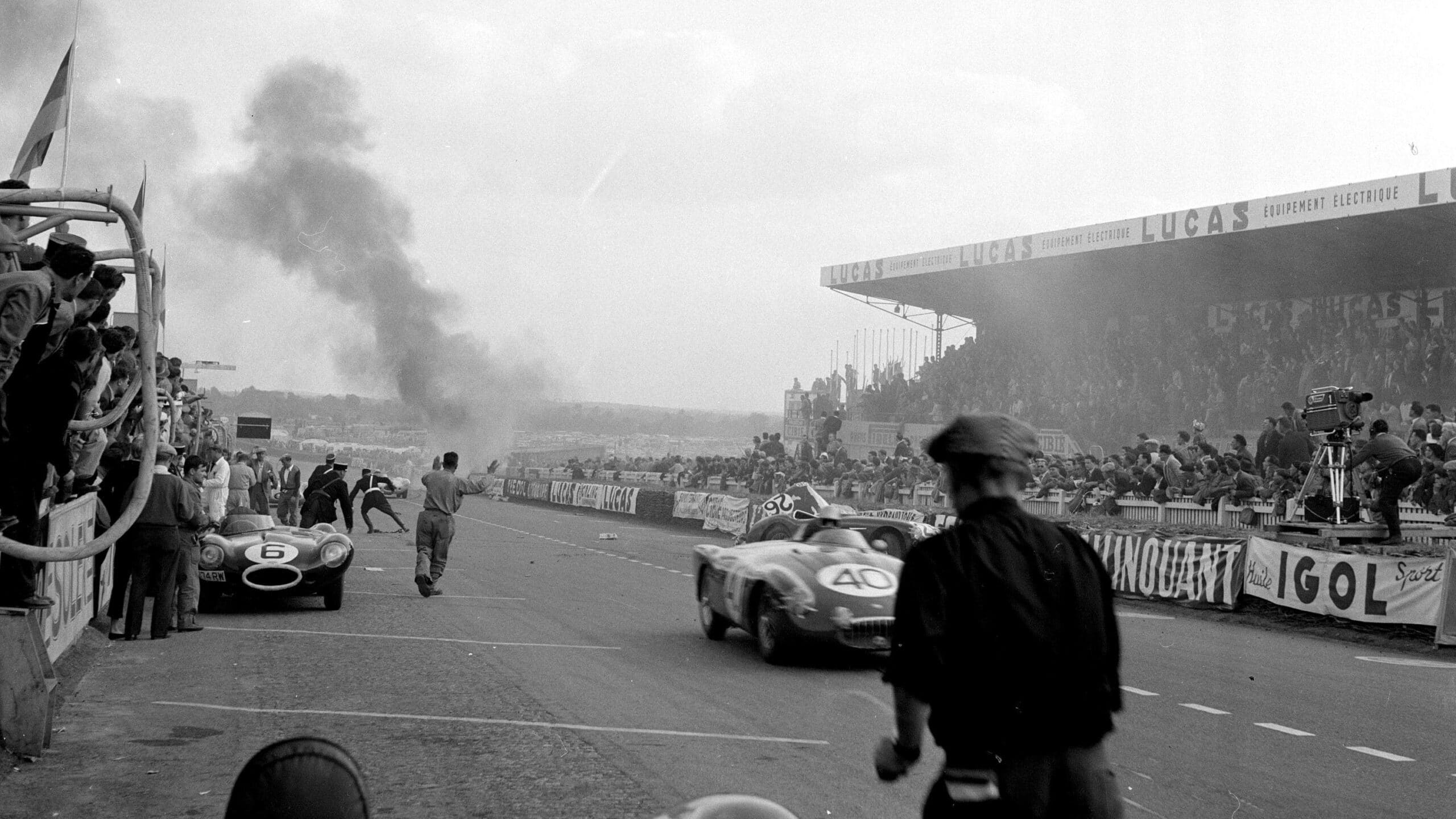 Fire and smoke at Le Mans 1955 disaster