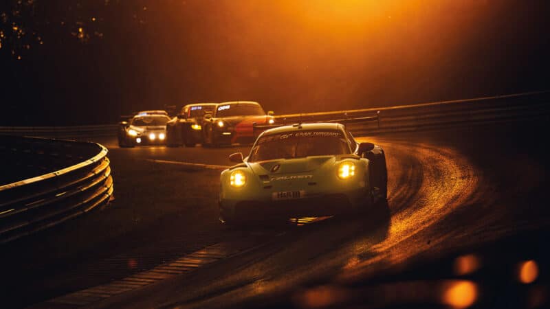 GT3 cars drive through the night at Nurburgring
