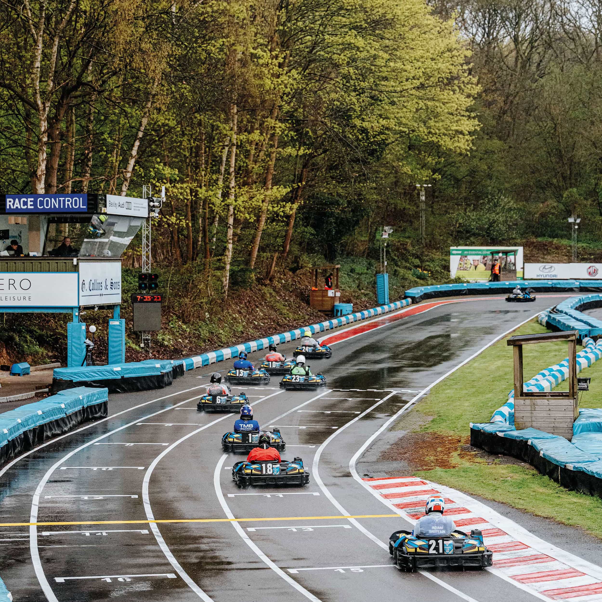 Karts-on-the-wet-track-at-Buckmore