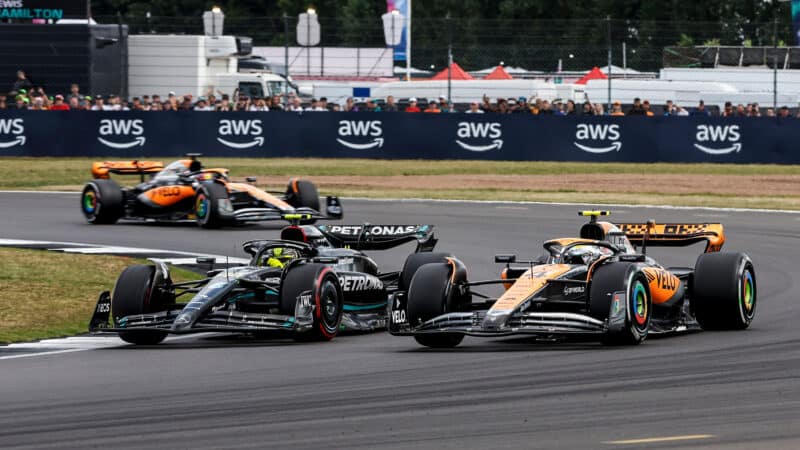 Lando-Norris-battles-Lewis-Hamilton-at-2023-British-GP
