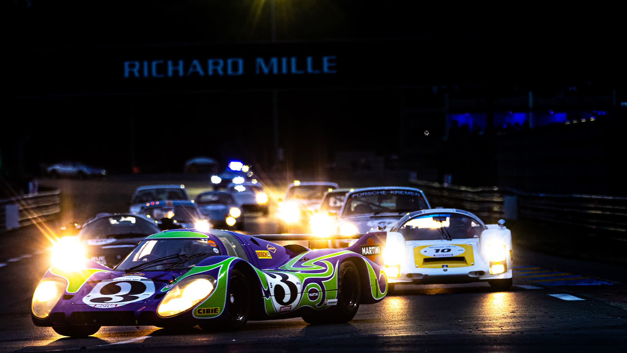 Larrousse Porsche 917 at night at 2023 Le Mans Classic