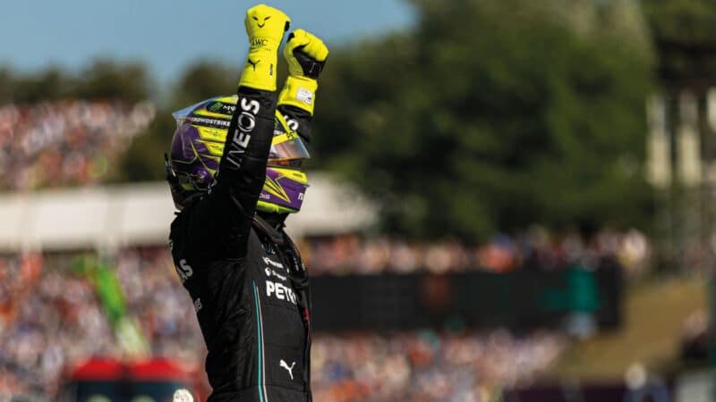 Lewis Hamilton celebrates pole at Hungaroring GP