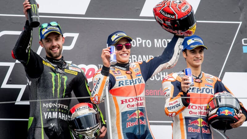 Marc Marquez with Dani Pedrosa and Jonas Folger on 2017 MotoGP Sachsenring podium