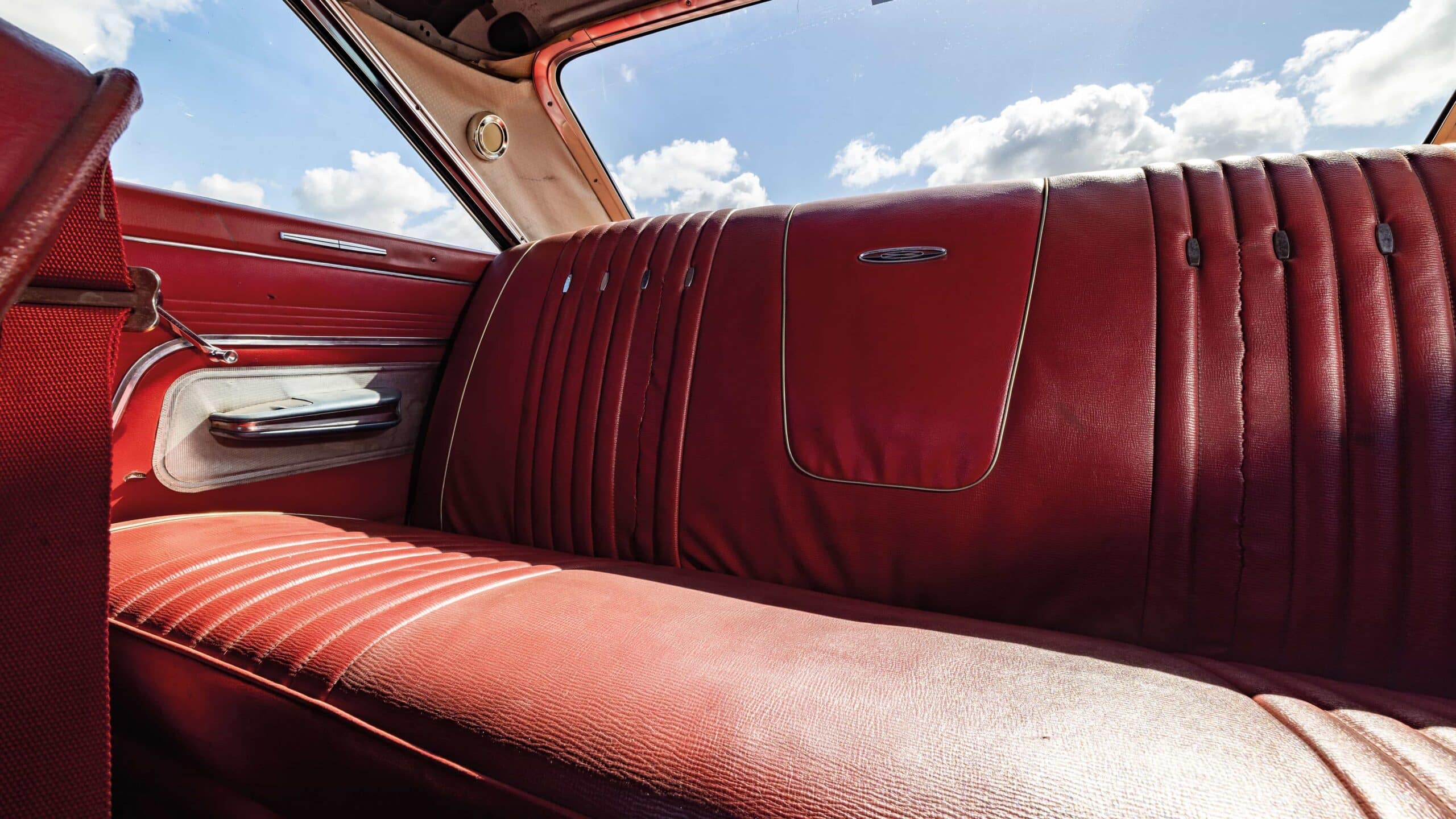 Red leather back seats in the Ford Galaxie