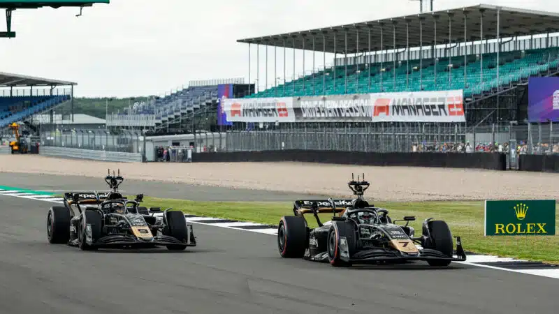 Two APXGP cars on track at the 2023 British Grand Prix