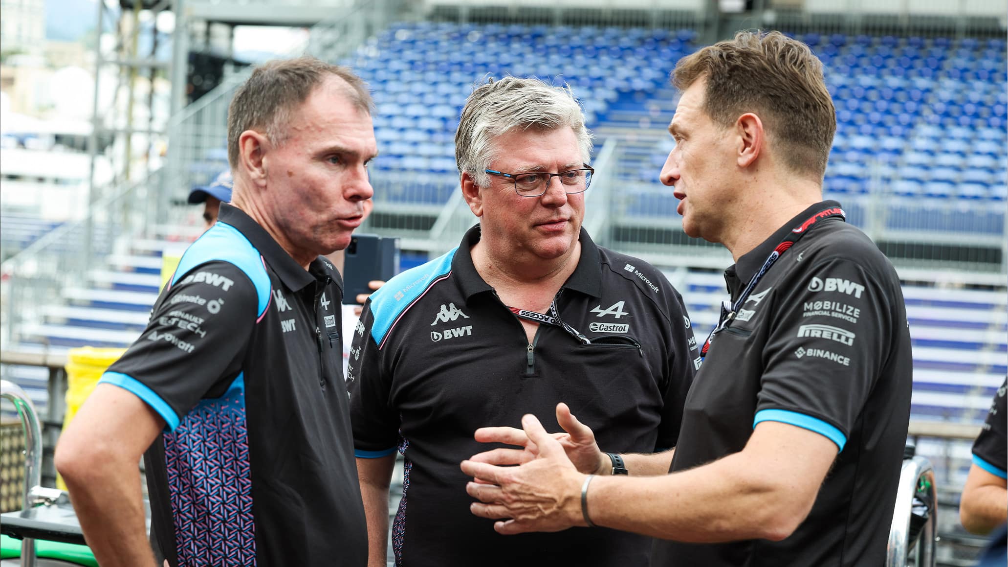 Alan Permane with Otmar Szafnauer and Laurent Rossi