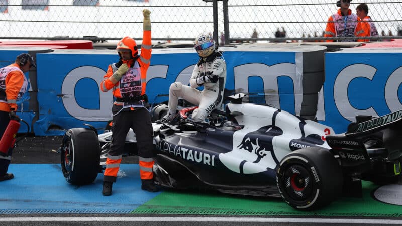 Daniel Ricciardo sits on AlphaTauri after breaking his hand in 2023 Dutch GP crash