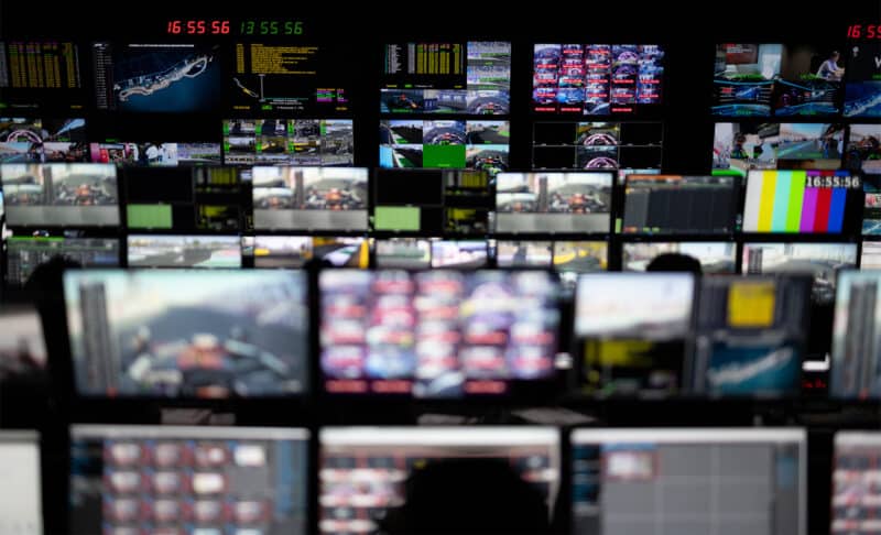 Rows of screens at F1 TV studio