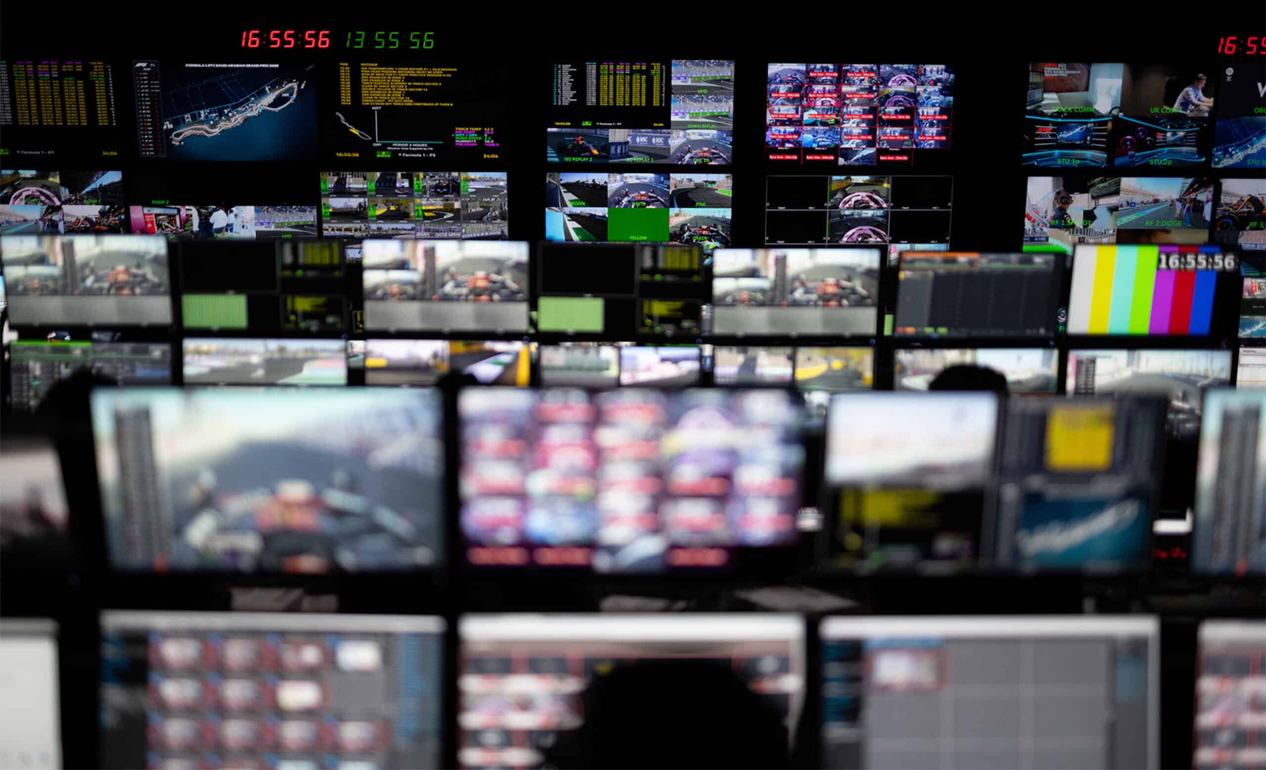 Rows of screens at F1 TV studio