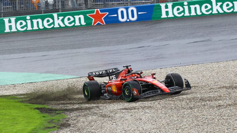 Ferrari of Charles Leclerc in the gravel during 2023 Dutch GP qualifying
