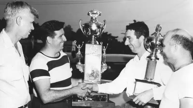 Herb Thomas with Marshall Teague after winning 1951 Southern 500 NASCAR race