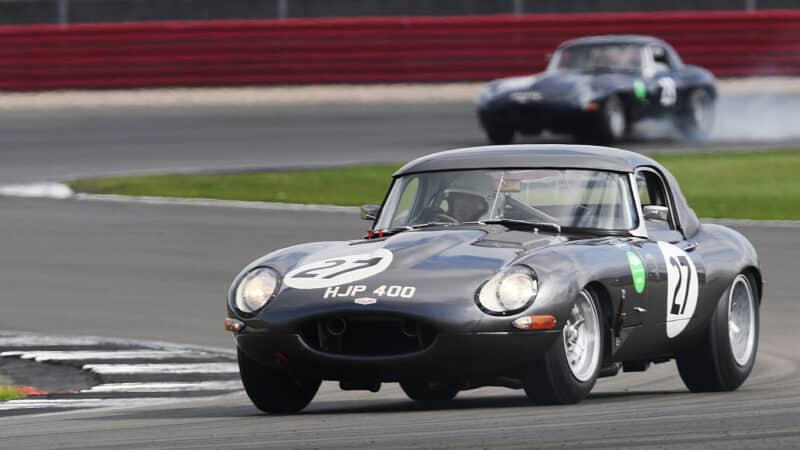 Jaguar E-types in race at 2023 Silverstone Classic