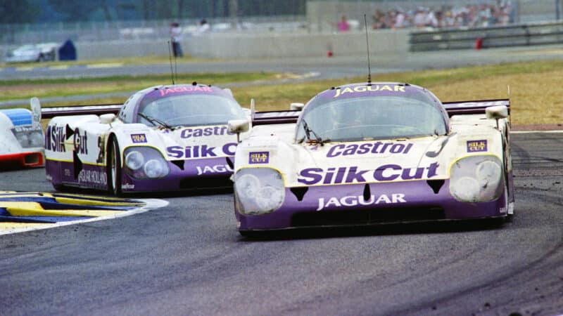 Jaguar XJR 12s on track at Le Mans in 1990