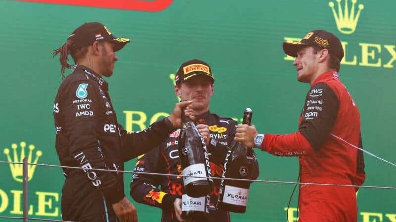 Lewis Hamilton with Max Verstappen and Charles Leclerc on 2022 Austrian GP podium