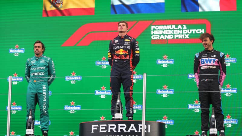 Max Verstappen with Fernando Alonso and Pierre Gasly on 2023 Dutch GP podium