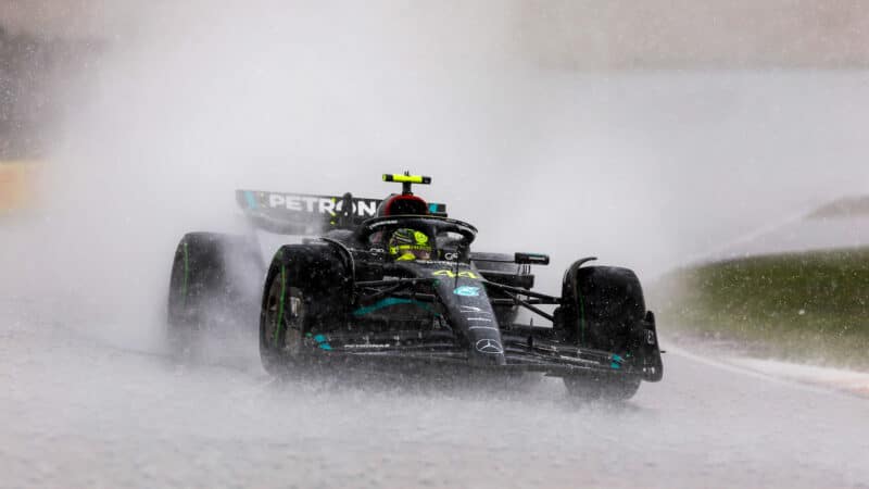 Mercedes of Lewis Hamilton amid heavy rain at 2023 Dutch Grand Prix