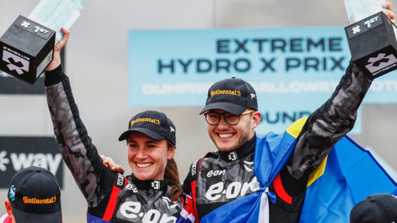 Molly Taylor and Kevin Hansen celebrate victory in 2023 Extreme E Hydro X Prix