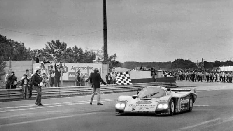 Porsche 962 crosses the line to win 1986 Le Mans 24 Hours