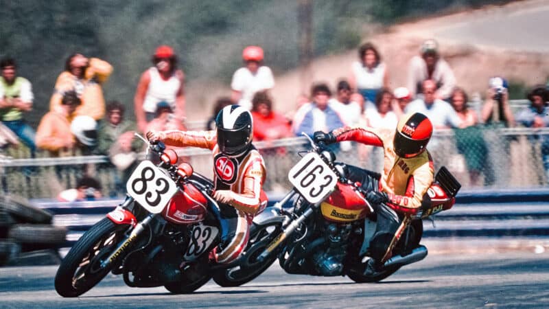Steve McLaughlin on Yoshimura superbike leads Reg Pridmore on Kawasaki Z1000 at Laguna Seca in 1977
