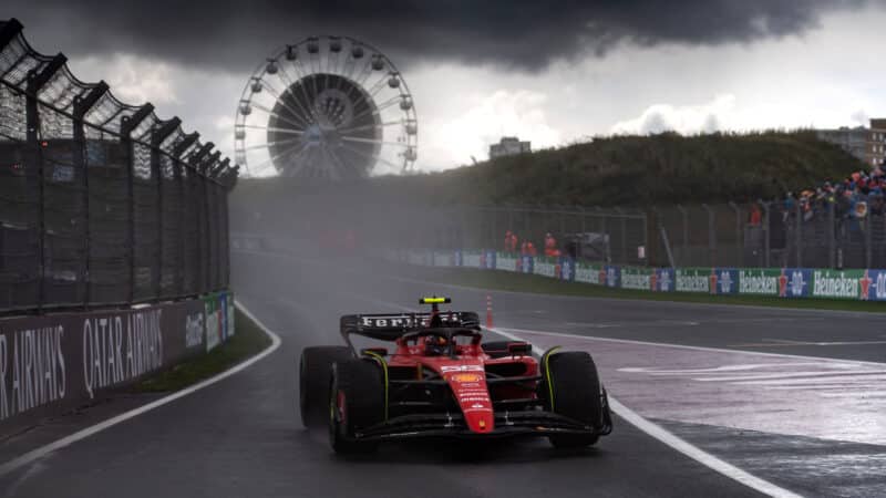 Storm clouds over Ferrari of Carlos Sainz in 2023 Dutch Grand Prix