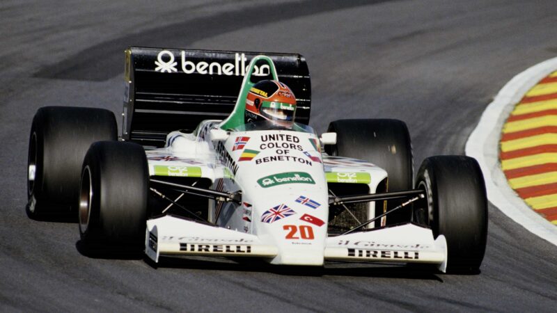 Benetton-branded Toleman TG185 at Brands Hatch, 1985
