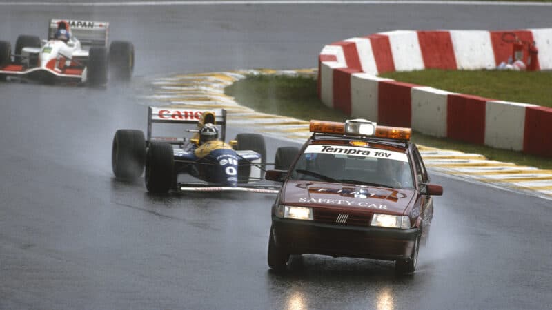 Fiat Tempra safety car leads Damon Hill at 1993 Brazilian Grand Prix