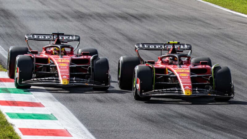 Carlos Sainz and Charles Leclerc battle in 2023 Italian Grand Prix